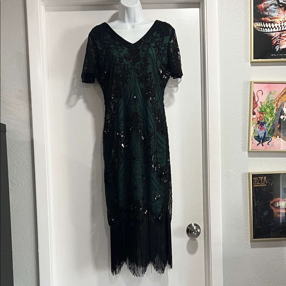 Elegant Black and Green Sequin Midi Flapper Dress